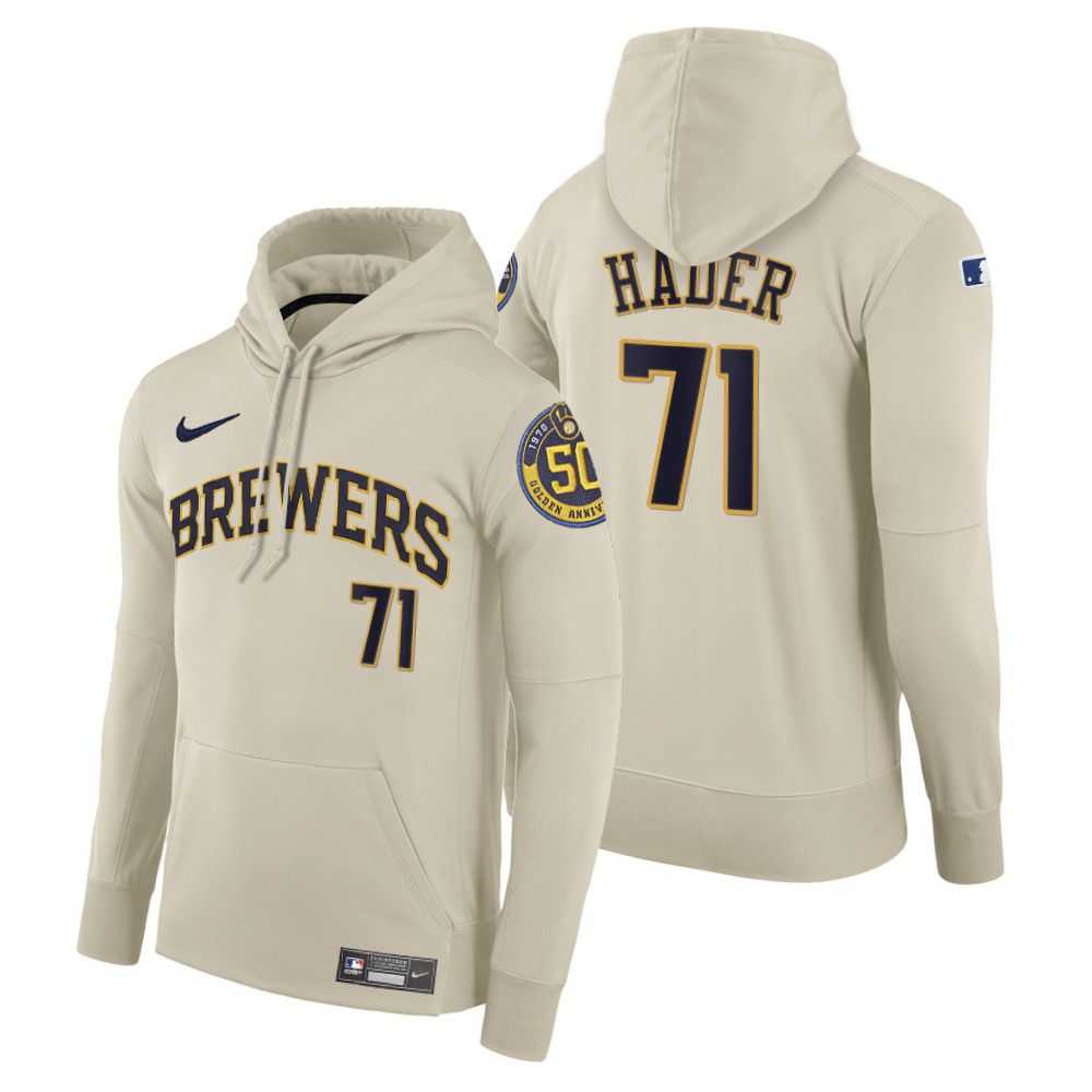 Men Milwaukee Brewers 71 Hader cream home hoodie 2021 MLB Nike Jerseys
